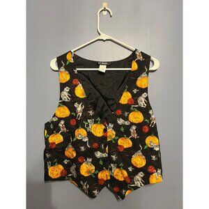 Vintage Women's 111 Main Halloween Pumpkins & Black Cats Button Up Vest SZ LARGE